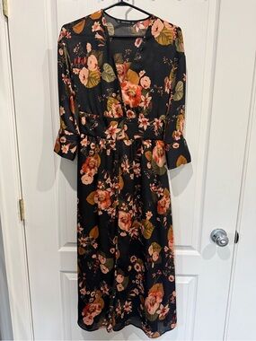 Zara Black Floral V-Neck Long Sleeve Midi Dress Romper